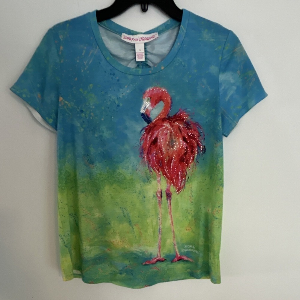 Leoma Lovegrove Flamingo Beaded Knit Short Sleeve‎ T-Shirt PM Petites Polyester